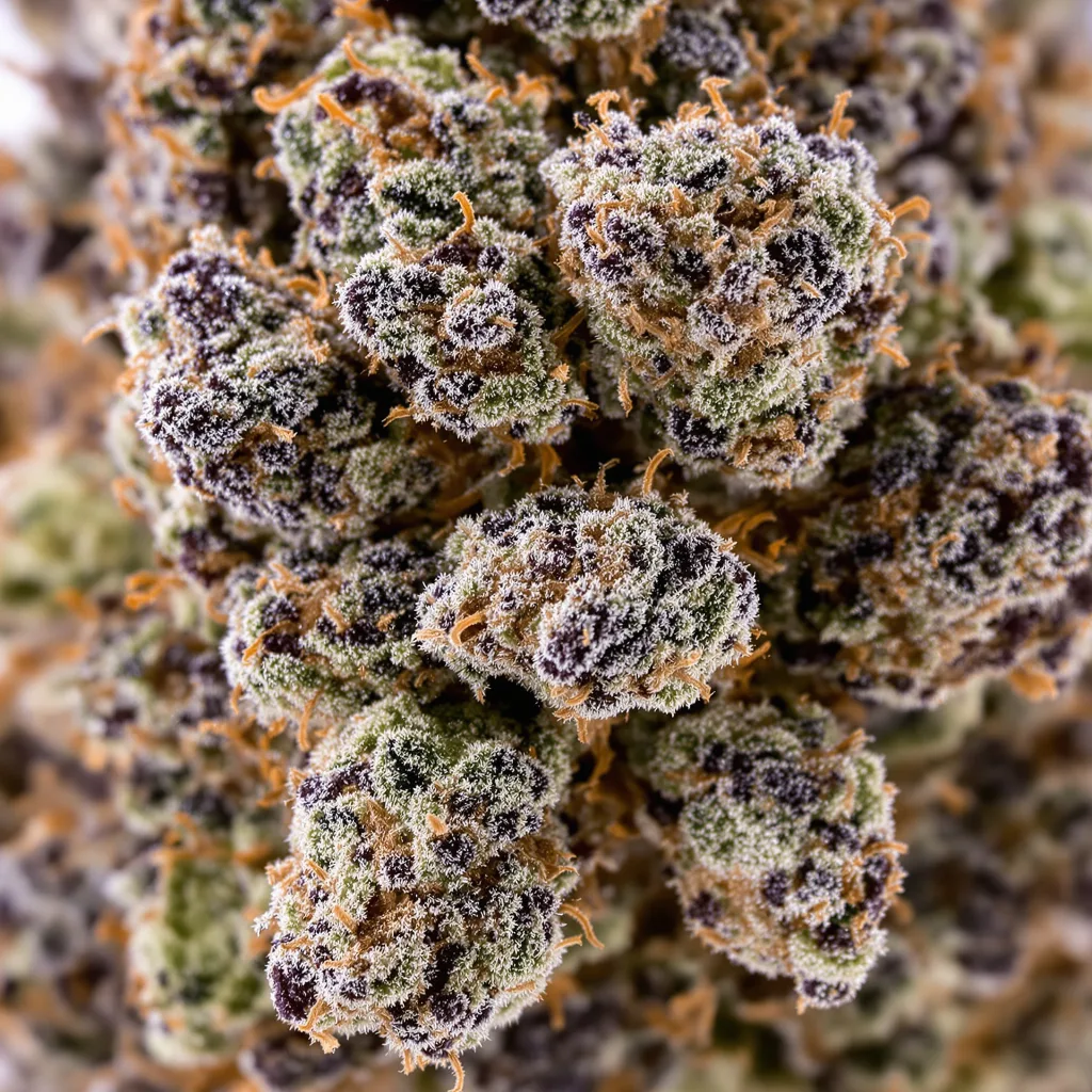 Primer plano de cogollo de cannabis Batman OG mostrando cálices densos con tonos morados
