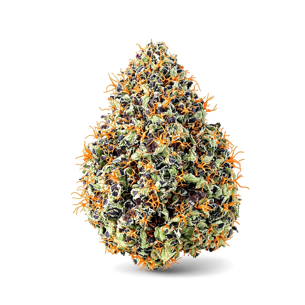 Batman OG 84% indica / 16% sativa — flor con tricomas visibles