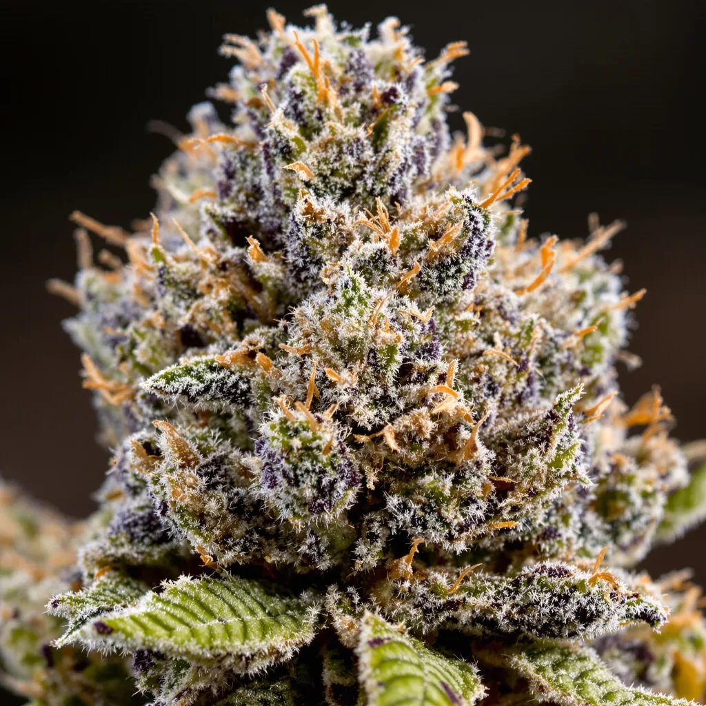 Primer plano de cogollo de cannabis Bay Dream mostrando cálices densos con tonos morados