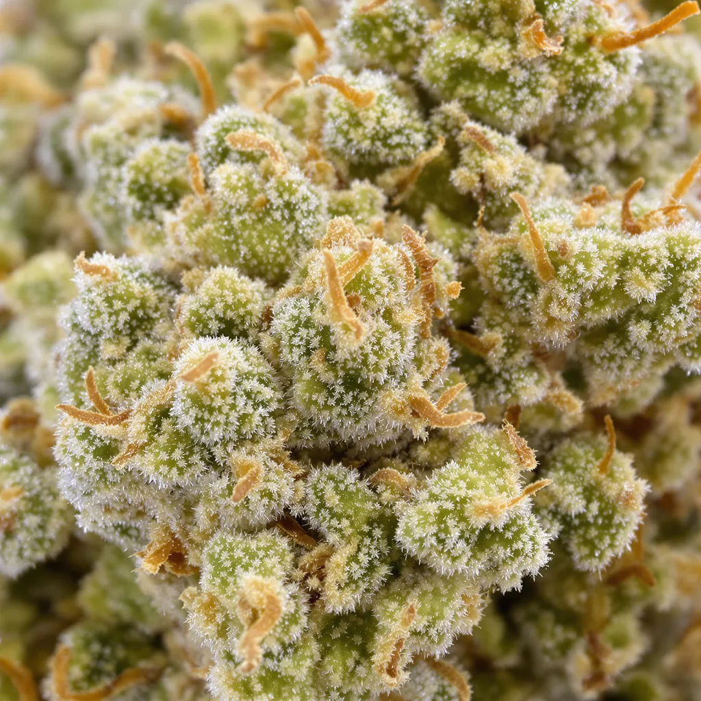 Primer plano de cogollo de cannabis BCN Diesel CBD mostrando flor clara con baja resina