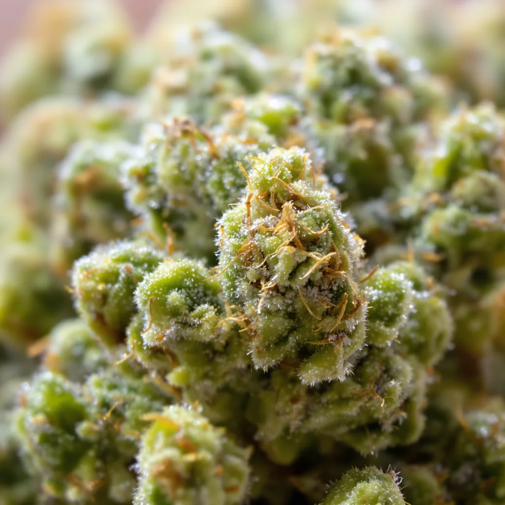 Primer plano de cogollo de cannabis Bear Dance mostrando estructura aireada verde lima