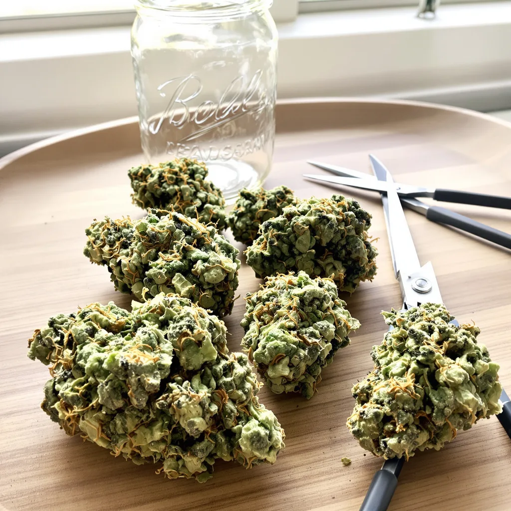 Berner's Cookies 25% indica / 75% sativa — flor con tricomas visibles
