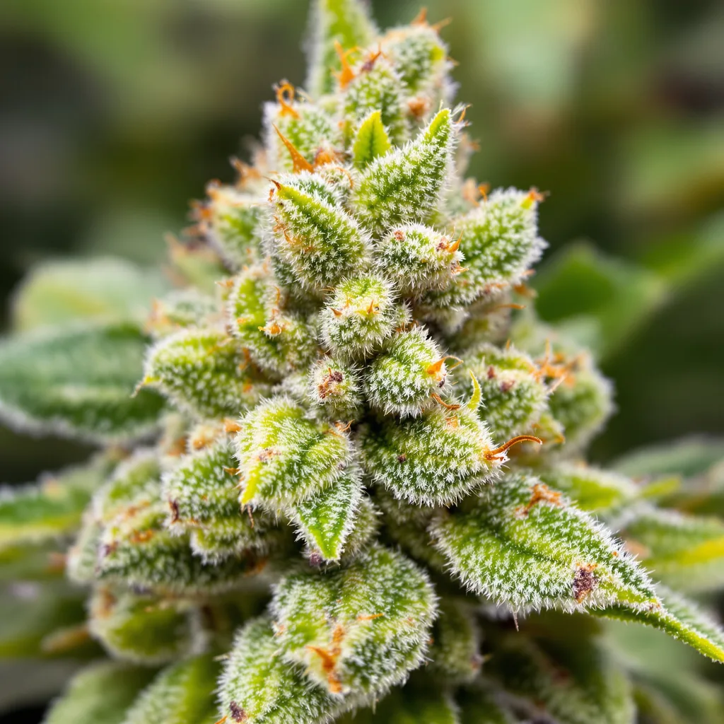 Primer plano de cogollo de cannabis Berner's Cookies mostrando estructura aireada verde lima