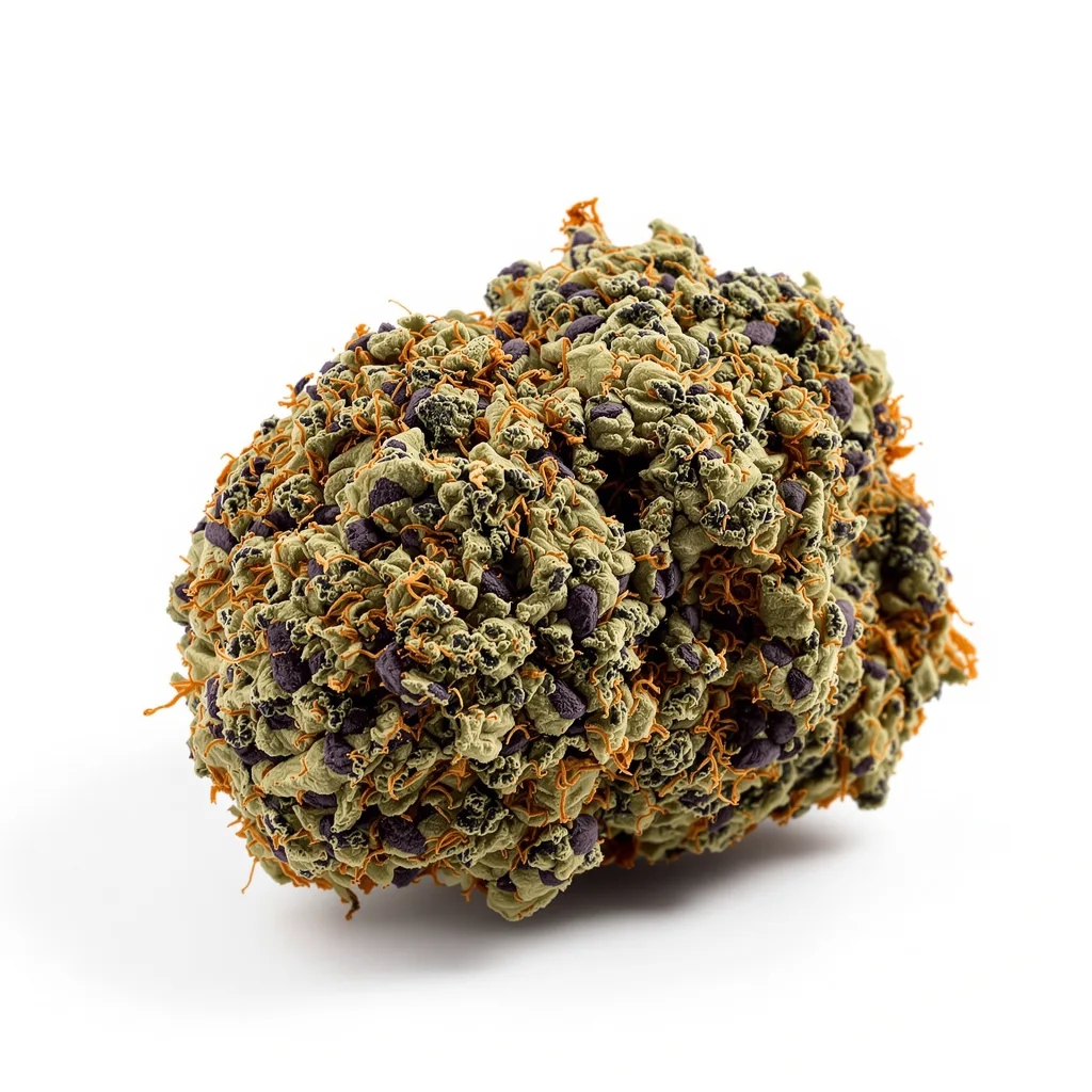 Berry White 73% indica / 27% sativa — flor con tricomas visibles