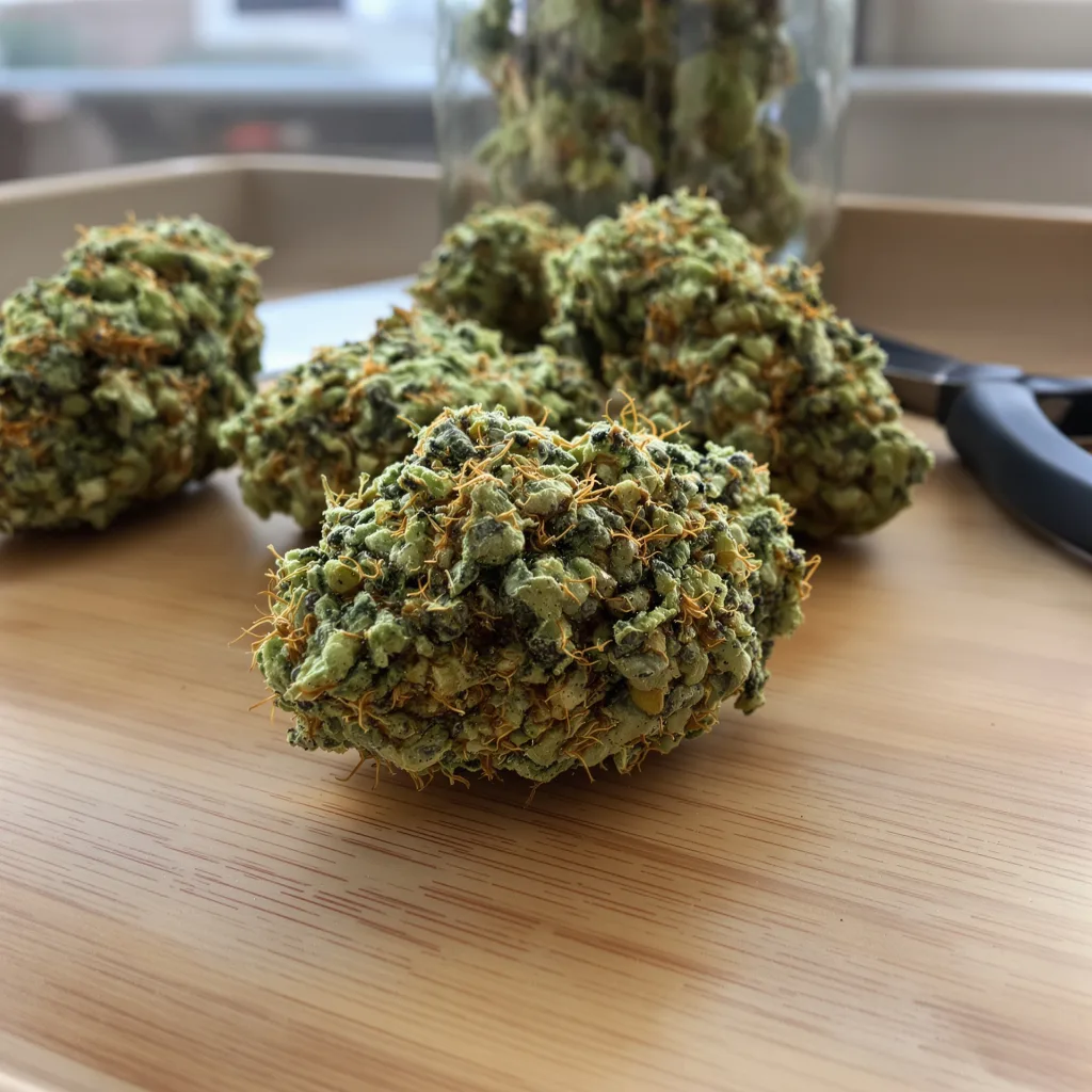 Bianca 14% indica / 86% sativa — flor con tricomas visibles