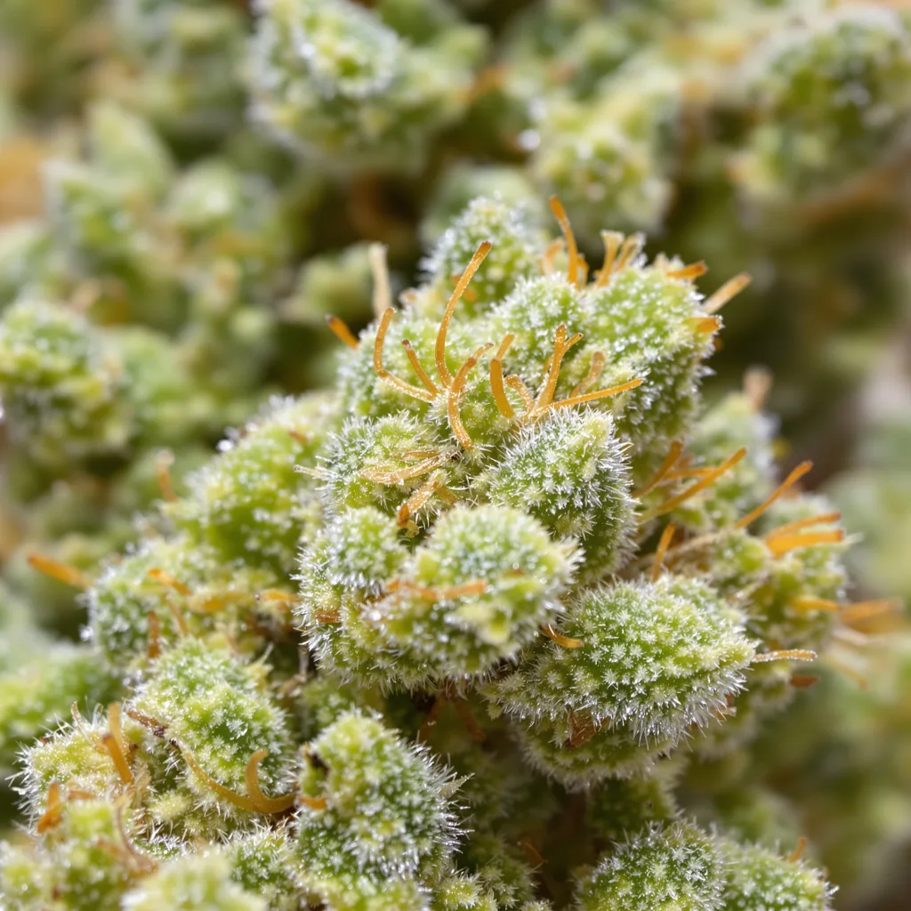 Primer plano de cogollo de cannabis Bianca mostrando estructura aireada verde lima