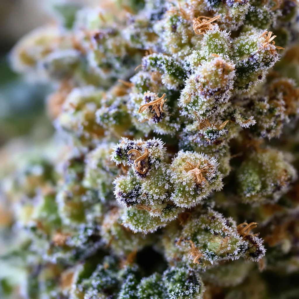 Primer plano de cogollo de cannabis Big Band mostrando estructura abierta con pistilos naranjas