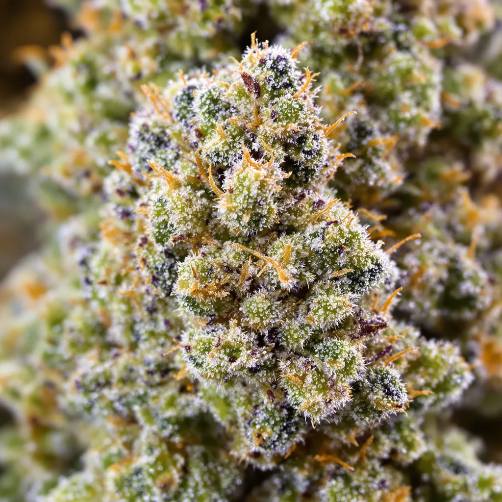 Primer plano de cogollo de cannabis Big Bang mostrando estructura equilibrada con tricomas escarchados