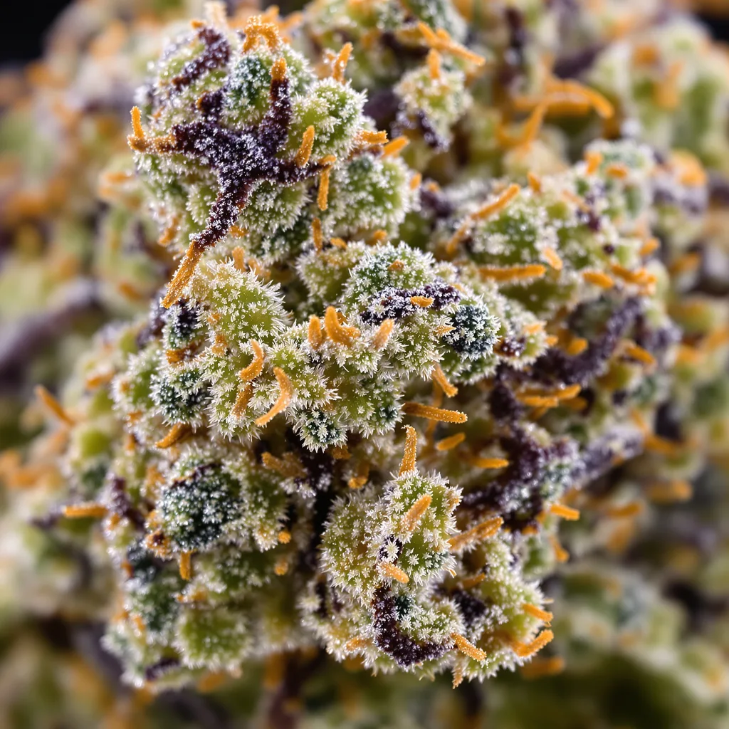 Primer plano de cogollo de cannabis Big Blue mostrando estructura equilibrada con tricomas escarchados