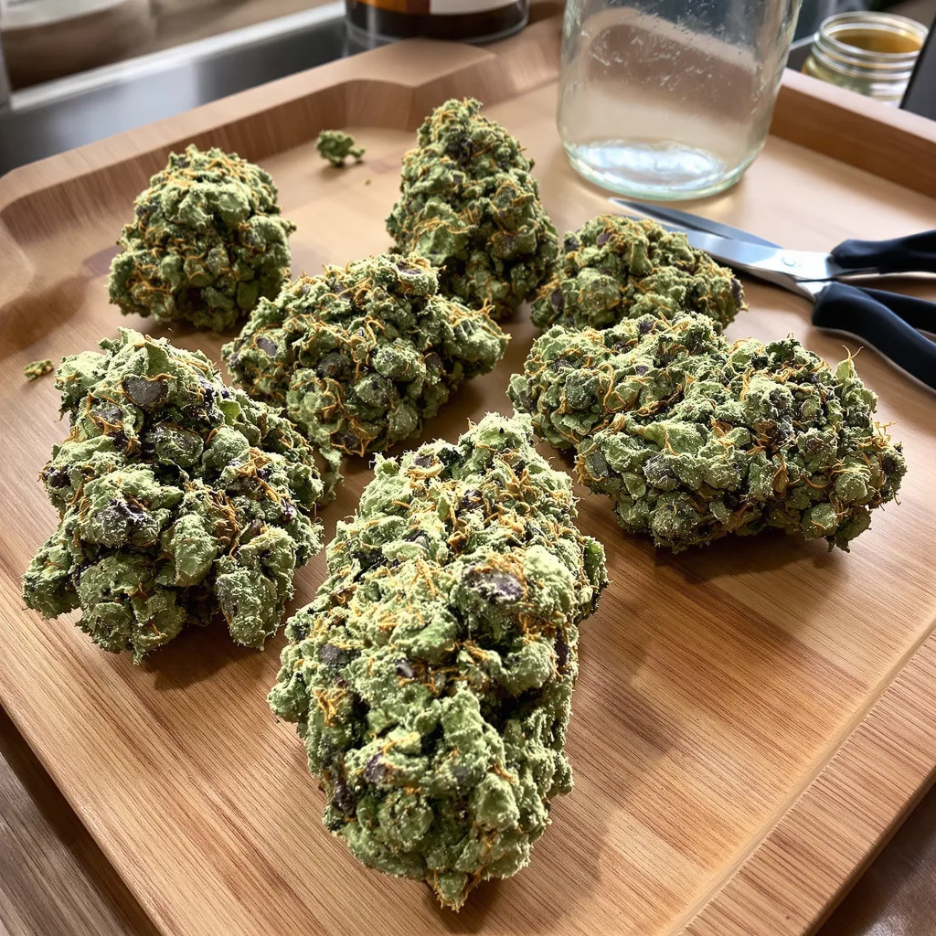 Big Blue 56% indica / 44% sativa — flor con tricomas visibles