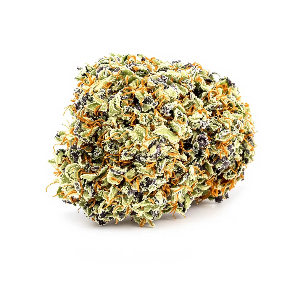 Big Blue 56% indica / 44% sativa — flor con tricomas visibles
