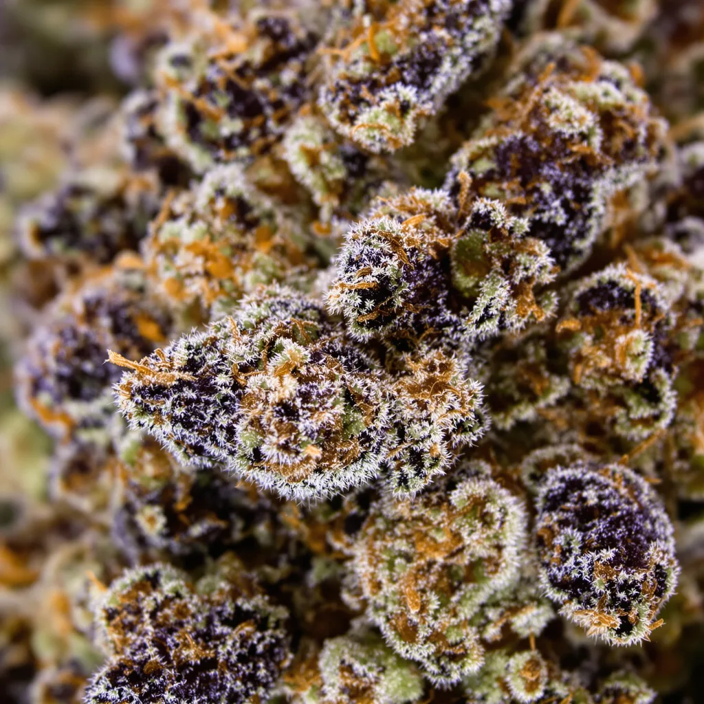 Primer plano de cogollo de cannabis Big Bud mostrando cálices densos con tonos morados