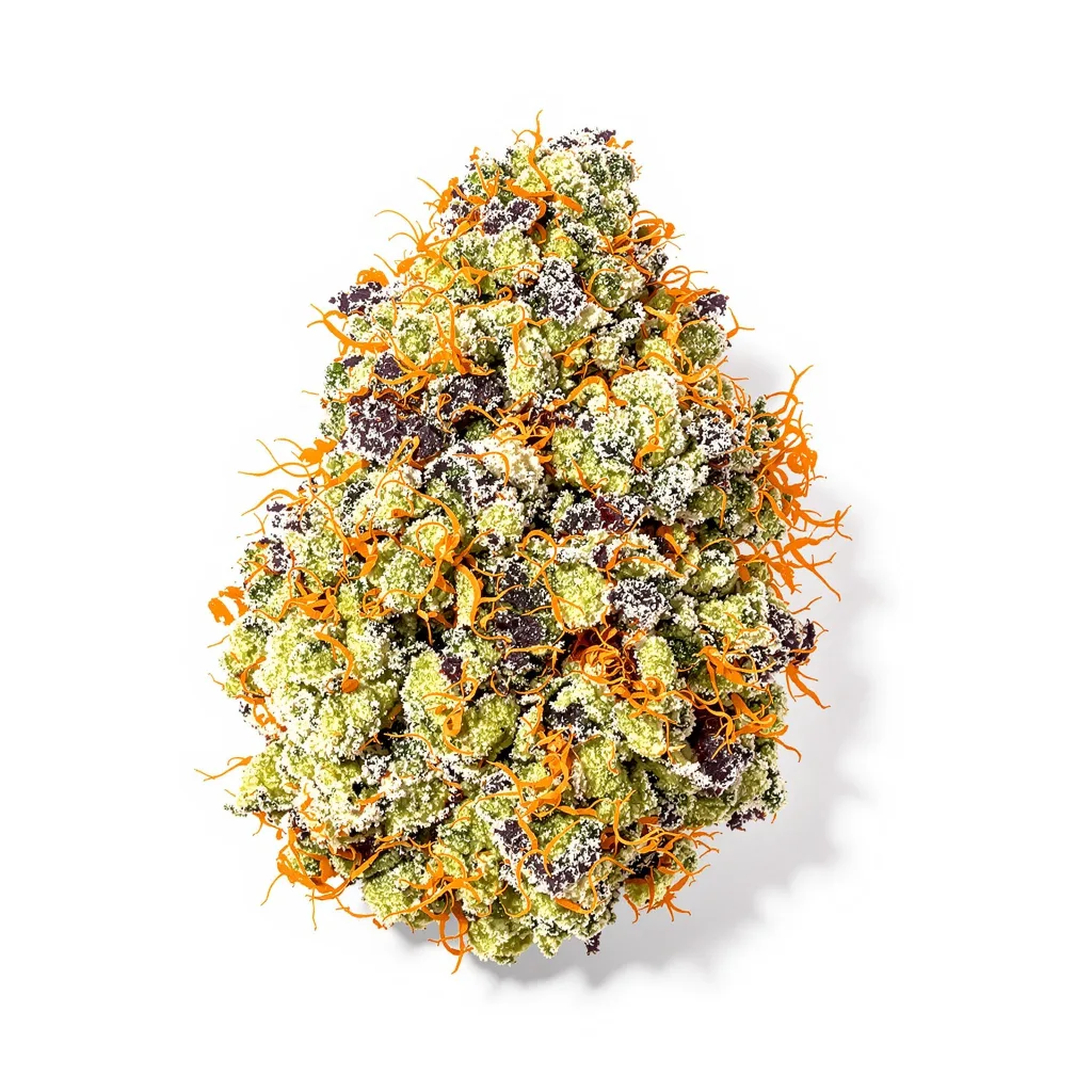 Big Buddha Cheese 60% indica / 40% sativa — flor con tricomas visibles