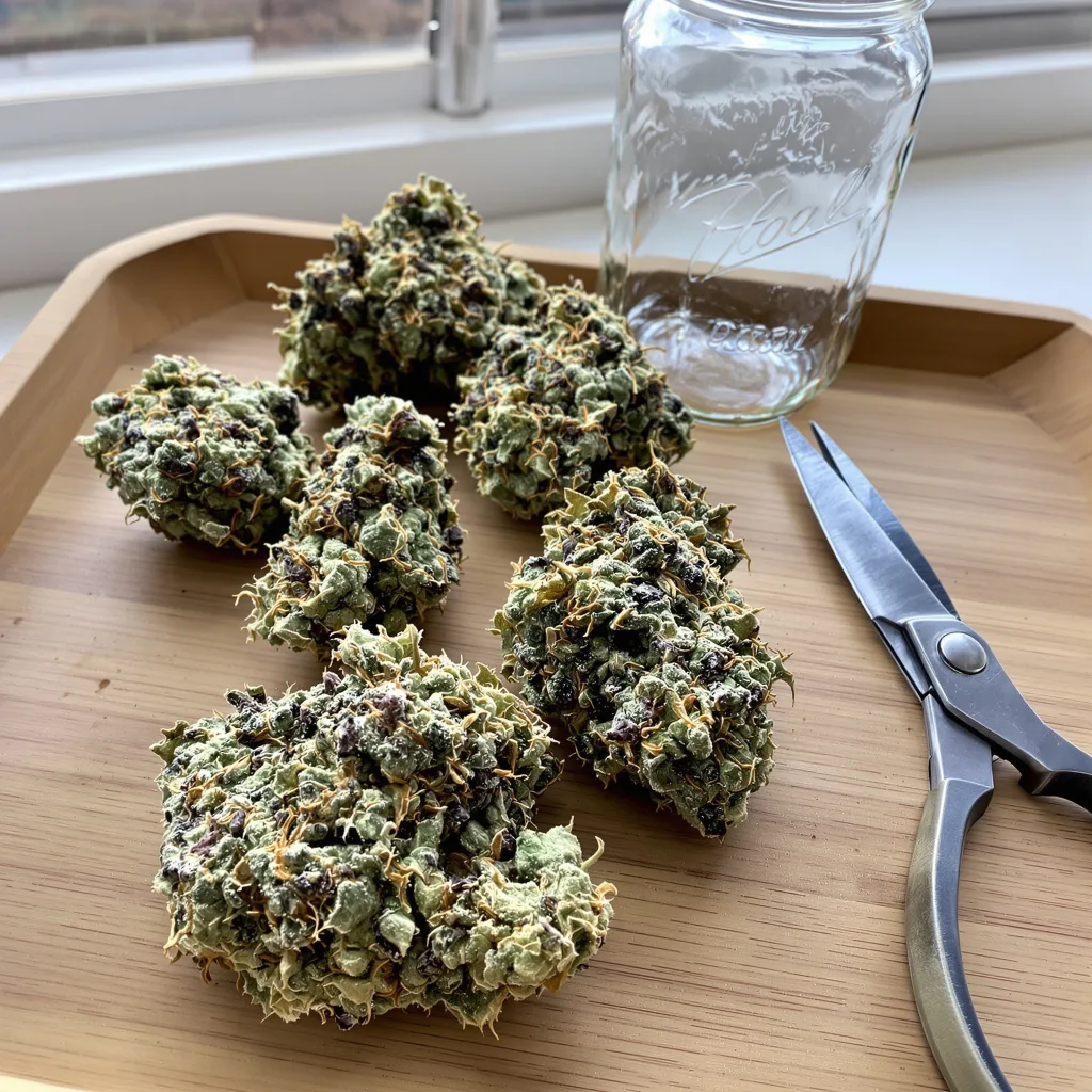 Big Buddha Cheese 60% indica / 40% sativa — flor con tricomas visibles