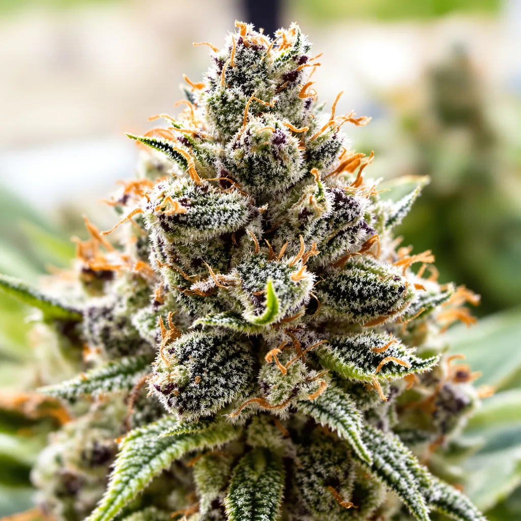 Primer plano de cogollo de cannabis Big Buddha Cheese mostrando cogollos densos verde bosque