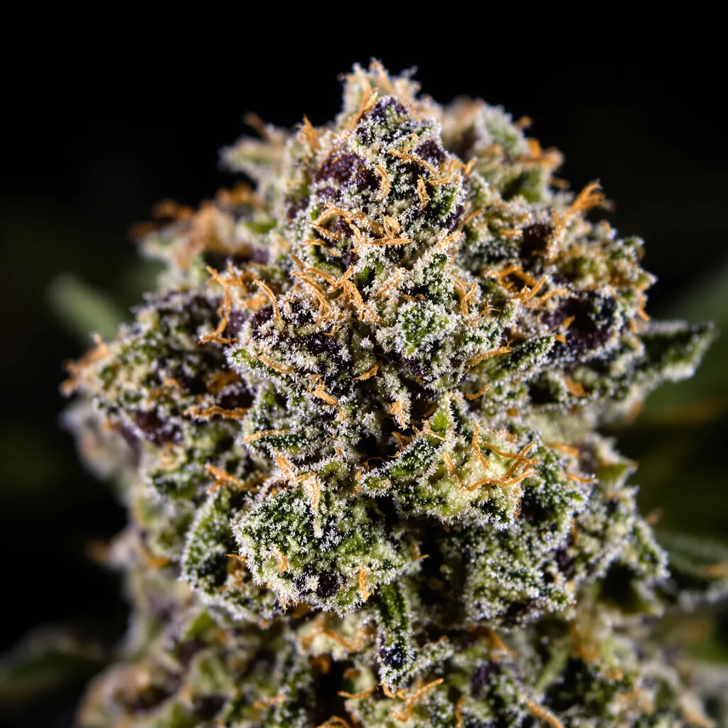 Primer plano de cogollo de cannabis Big Cheese mostrando cálices densos con tonos morados