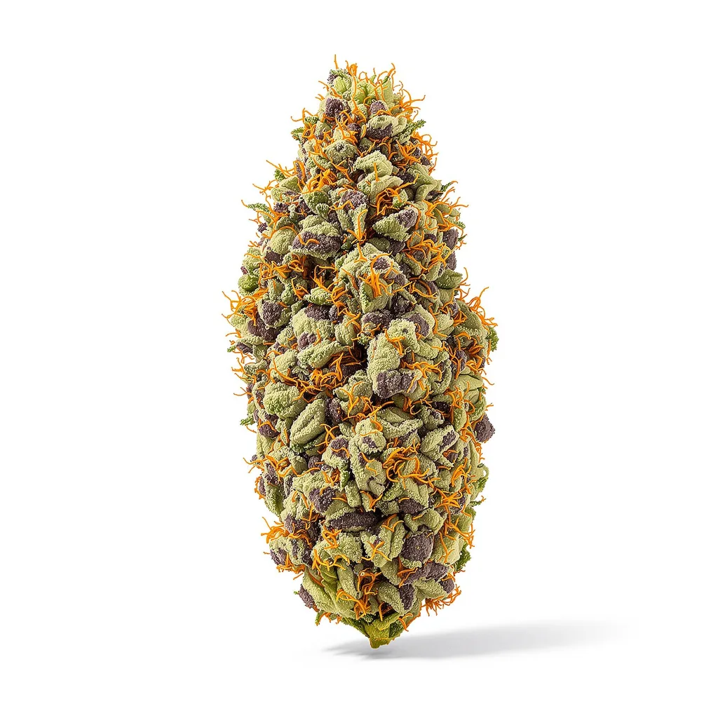 Big Cheese 84% indica / 16% sativa — flor con tricomas visibles