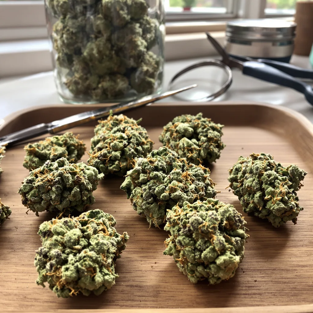 Big Devil 44% indica / 56% sativa — flor con tricomas visibles