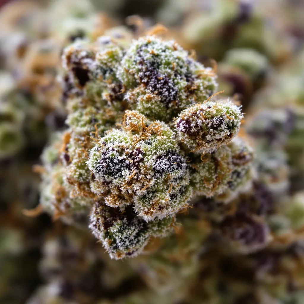 Primer plano de cogollo de cannabis Big Kush mostrando estructura abierta con pistilos naranjas