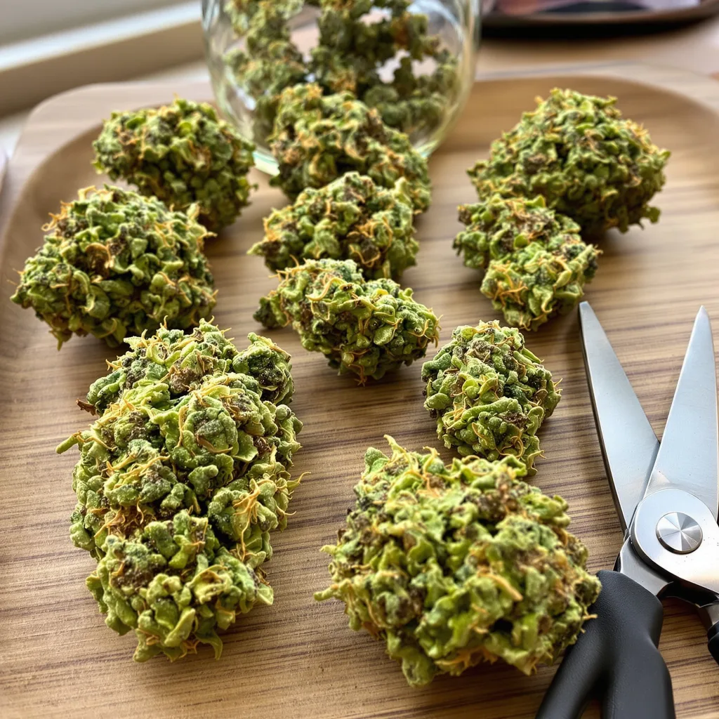 Big Sticky 19% indica / 81% sativa — flor con tricomas visibles