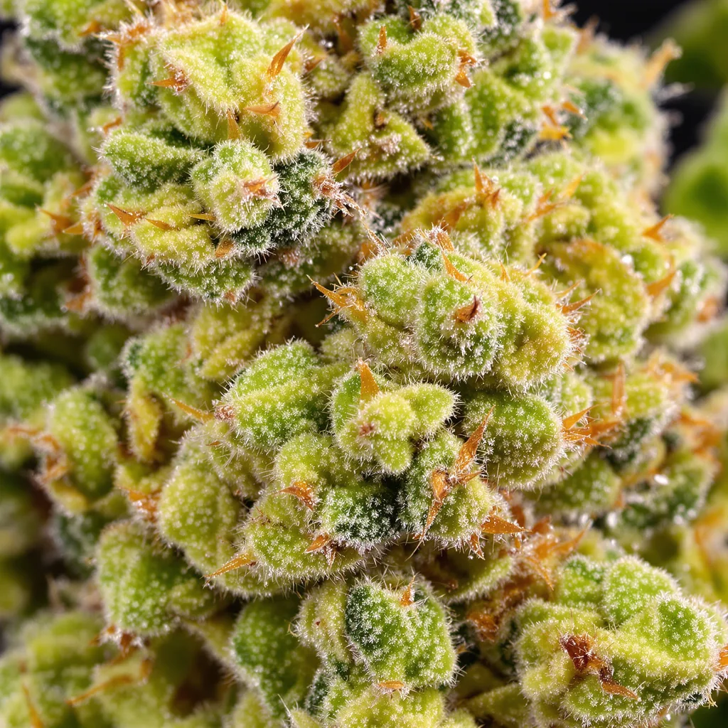Primer plano de cogollo de cannabis Big Sticky mostrando estructura aireada verde lima