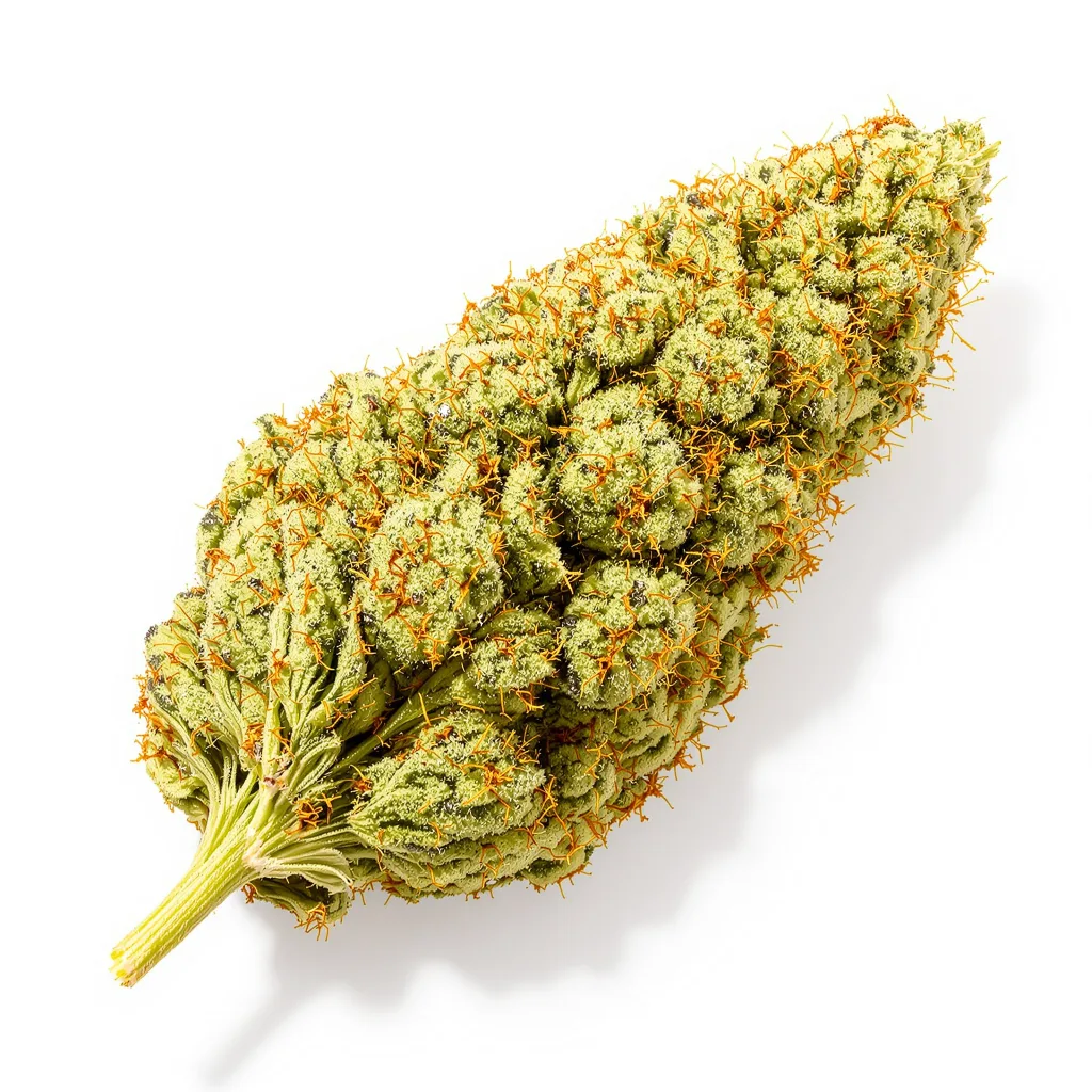 Big Sticky 19% indica / 81% sativa — flor con tricomas visibles