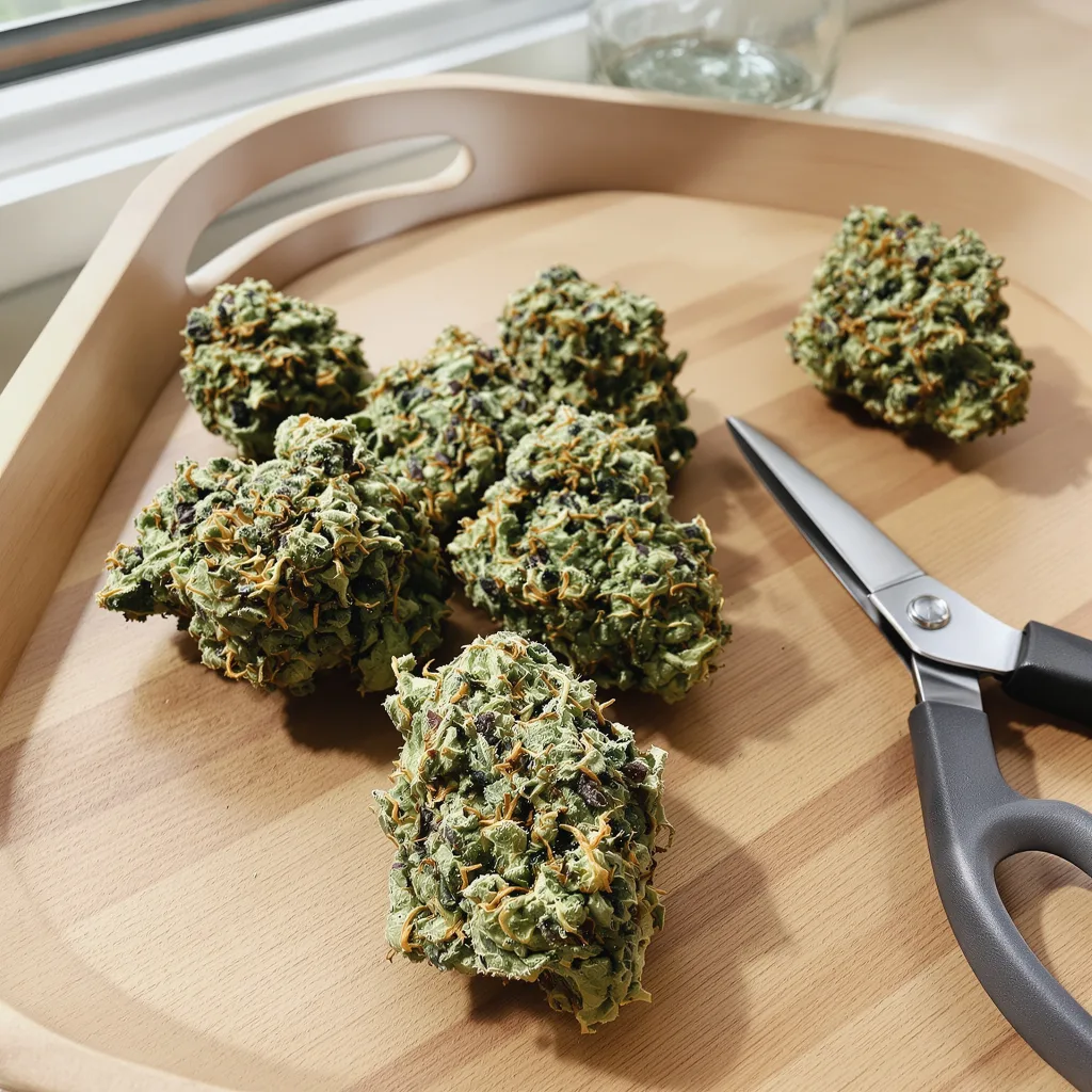Biker Le Blanc 46% indica / 54% sativa — flor con tricomas visibles