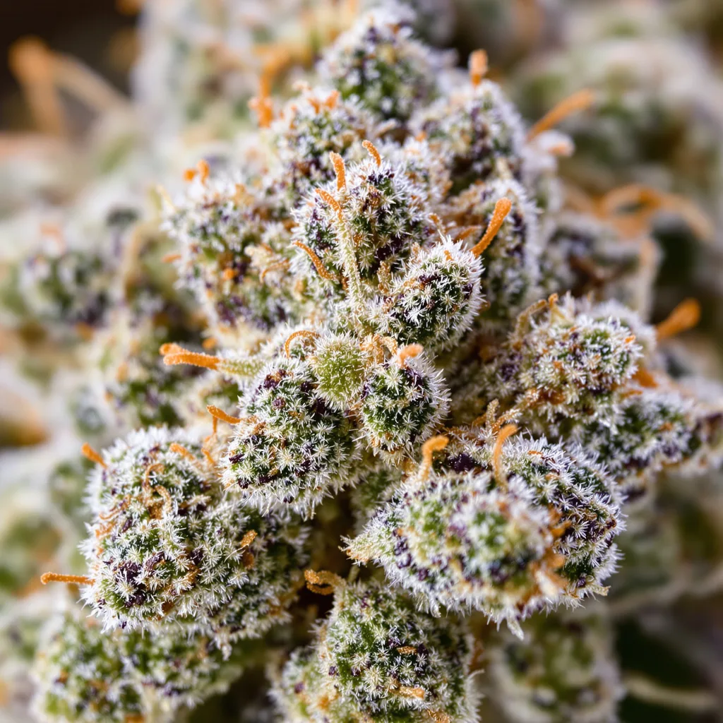 Primer plano de cogollo de cannabis Biker Le Blanc mostrando estructura equilibrada con tricomas escarchados