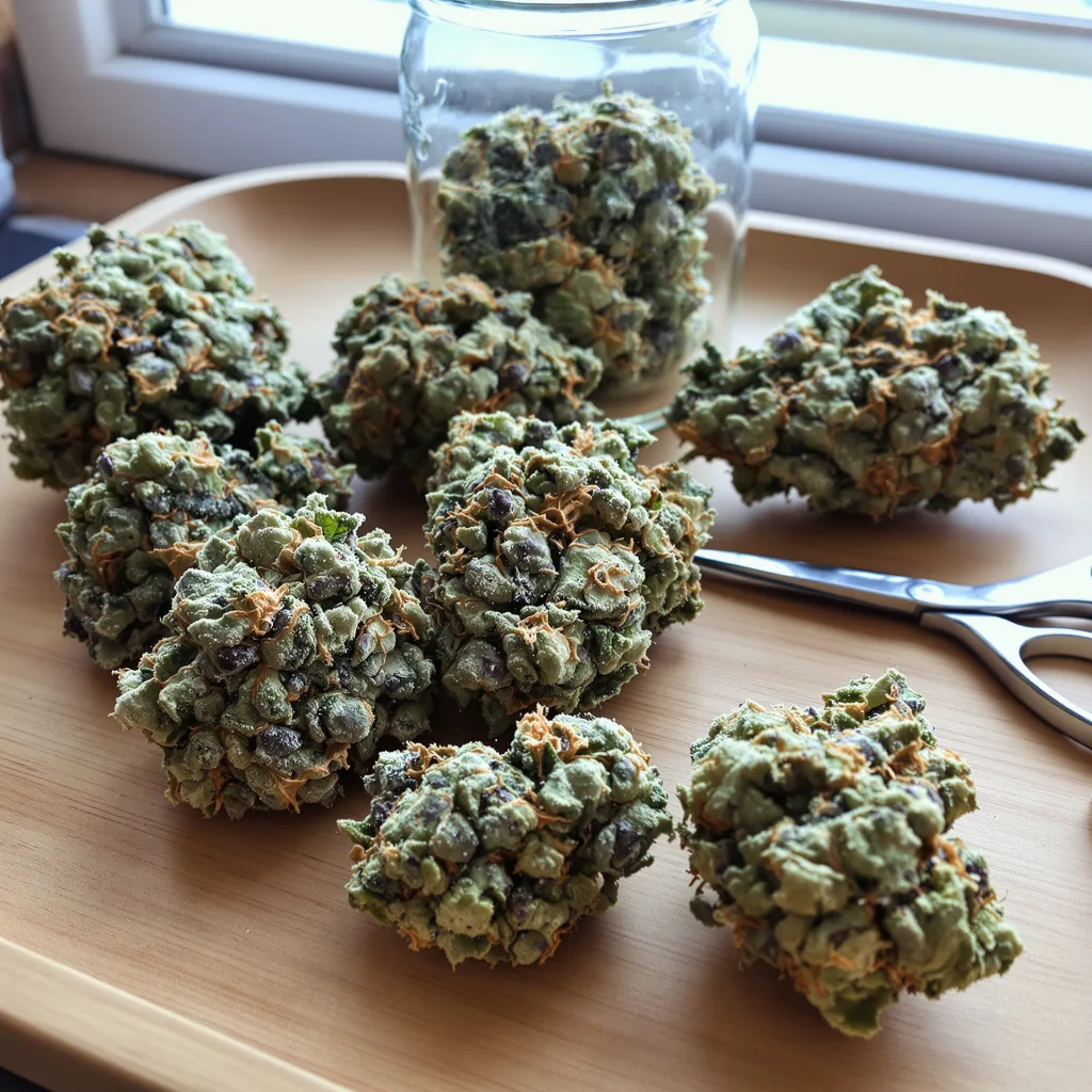 Bio Diesel 42% indica / 58% sativa — flor con tricomas visibles
