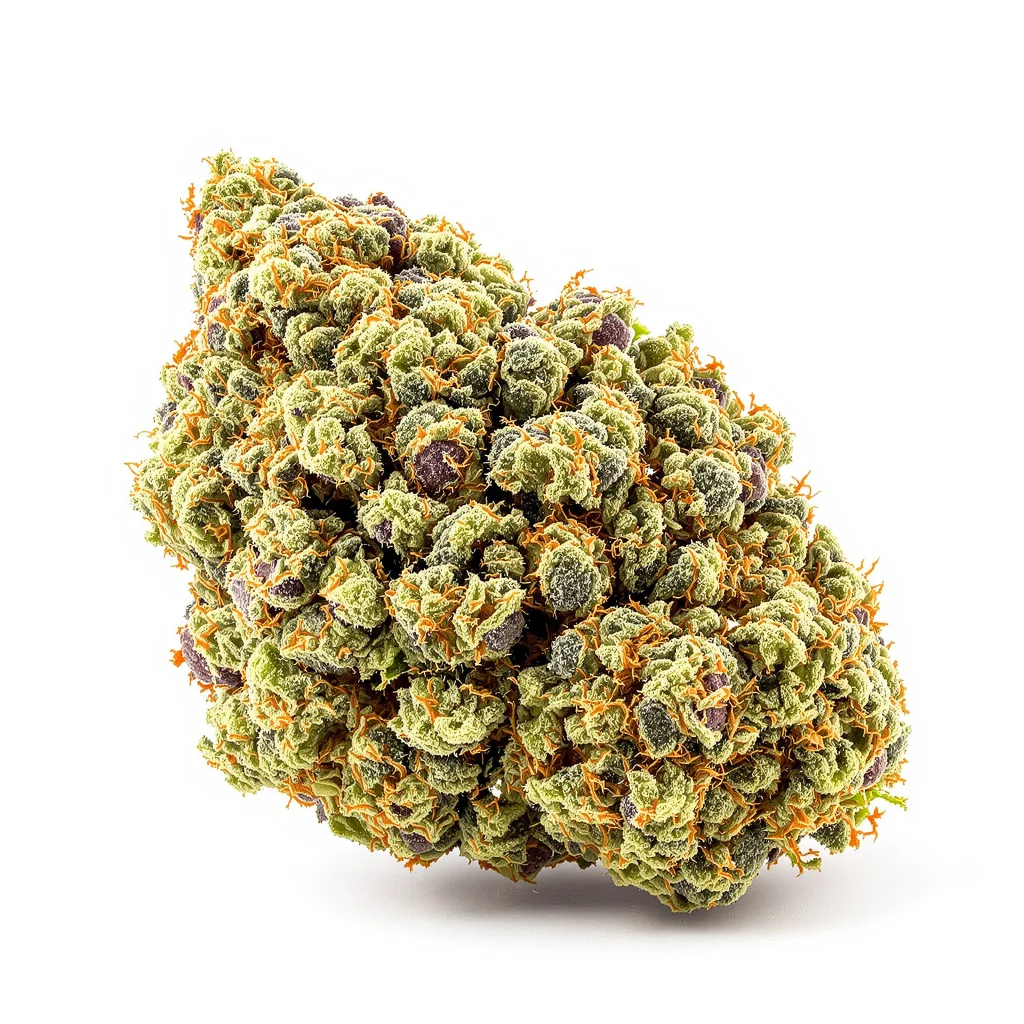 Bio Diesel 42% indica / 58% sativa — flor con tricomas visibles