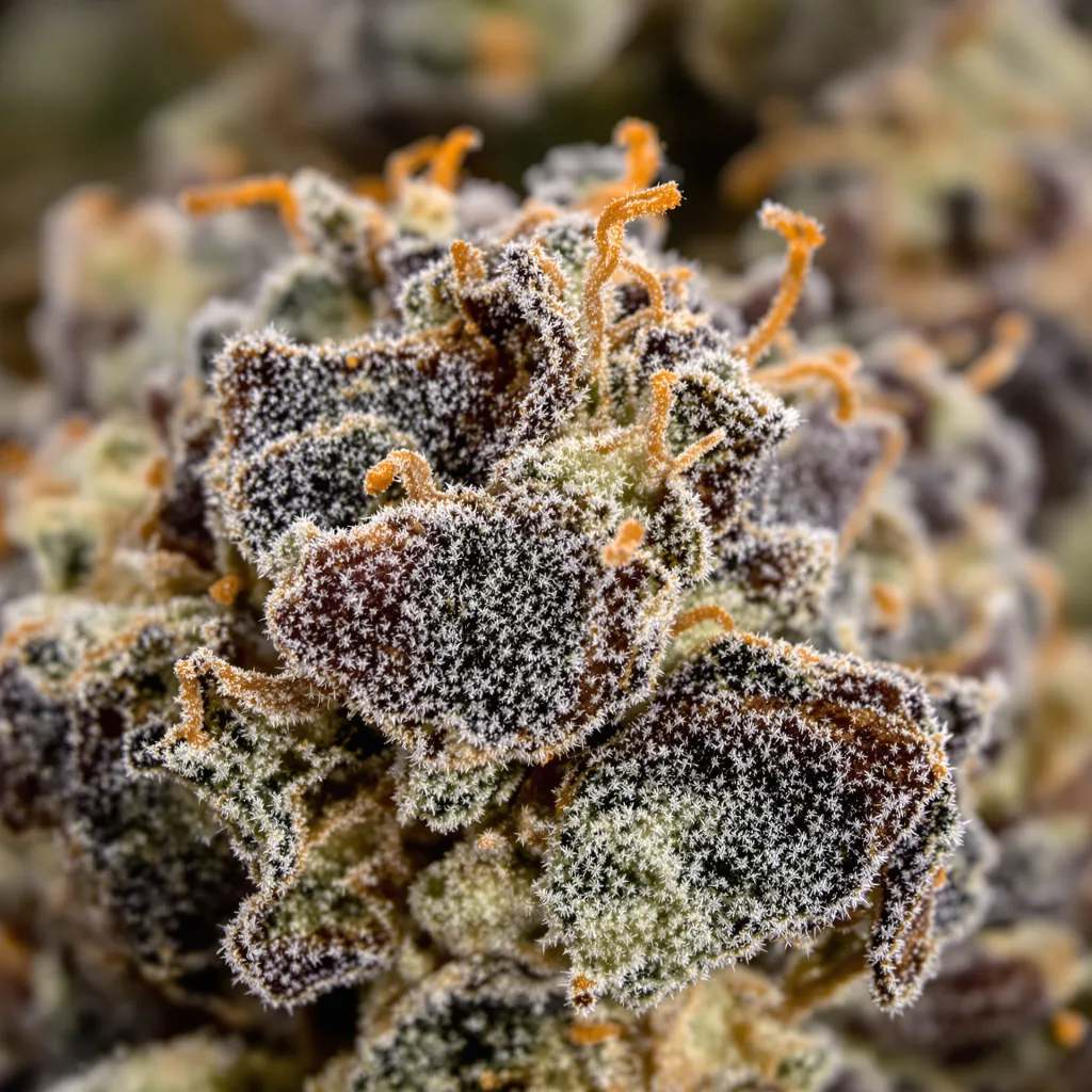 Primer plano de cogollo de cannabis Biochem mostrando cálices densos con tonos morados
