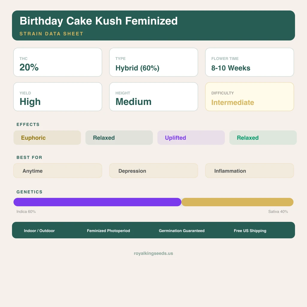 Birthday Cake Kush 60% indica / 40% sativa — flor con tricomas visibles