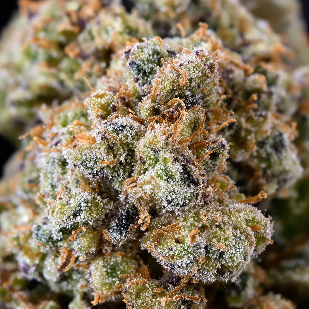 Primer plano de cogollo de cannabis Birthday Cake Kush mostrando cogollos densos verde bosque