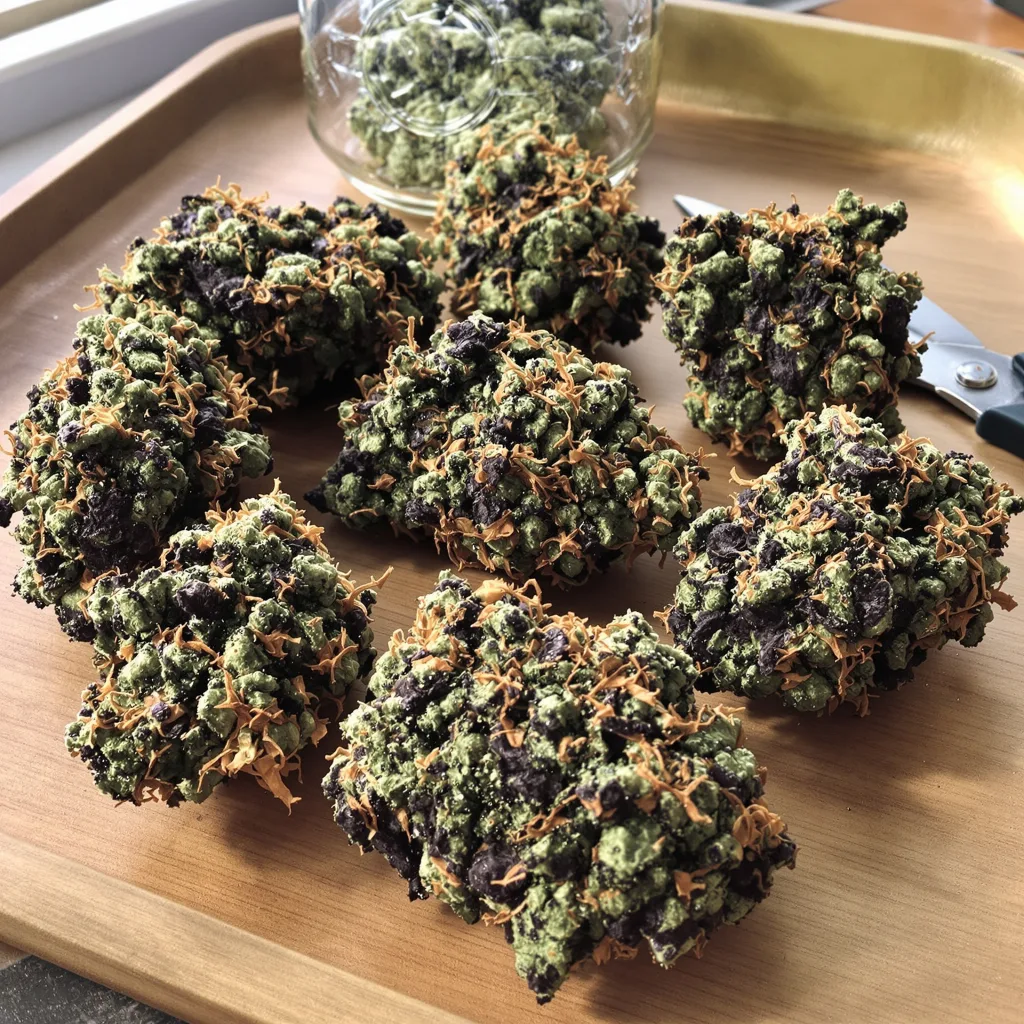 Biscotti 80% indica / 20% sativa — flor con tricomas visibles