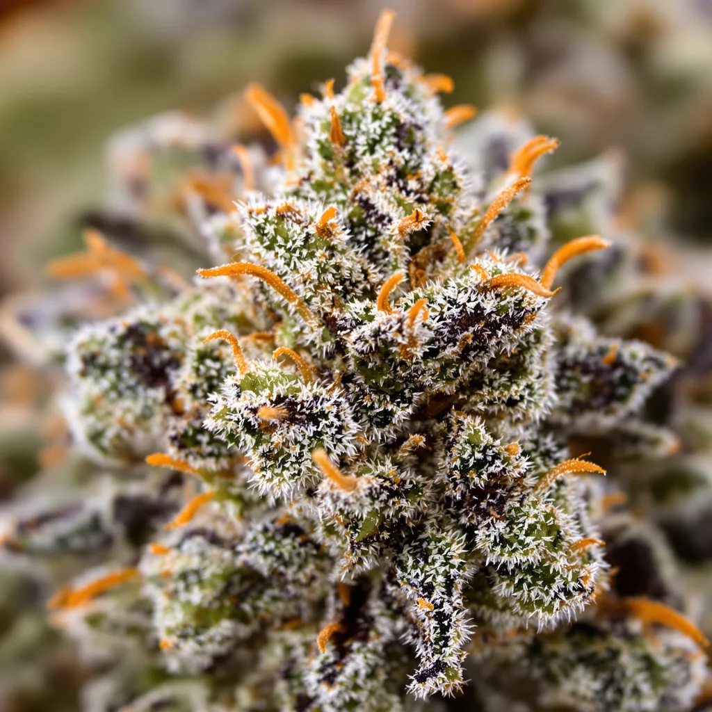 Primer plano de cogollo de cannabis Biscotti mostrando cálices densos con tonos morados