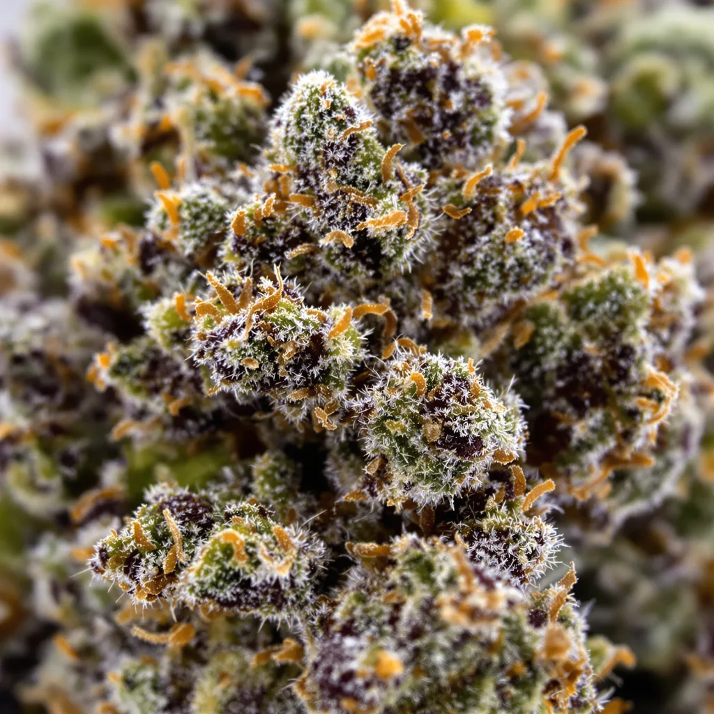 Primer plano de cogollo de cannabis Black 84 mostrando cálices densos con tonos morados