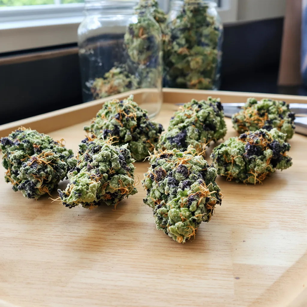 Black Betty 47% indica / 53% sativa — flor con tricomas visibles