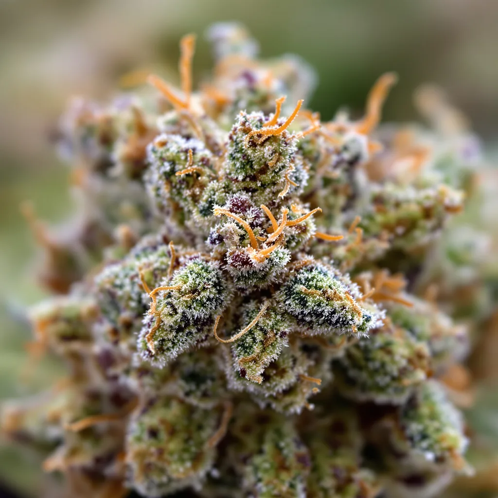 Primer plano de cogollo de cannabis Black Betty mostrando estructura equilibrada con tricomas escarchados
