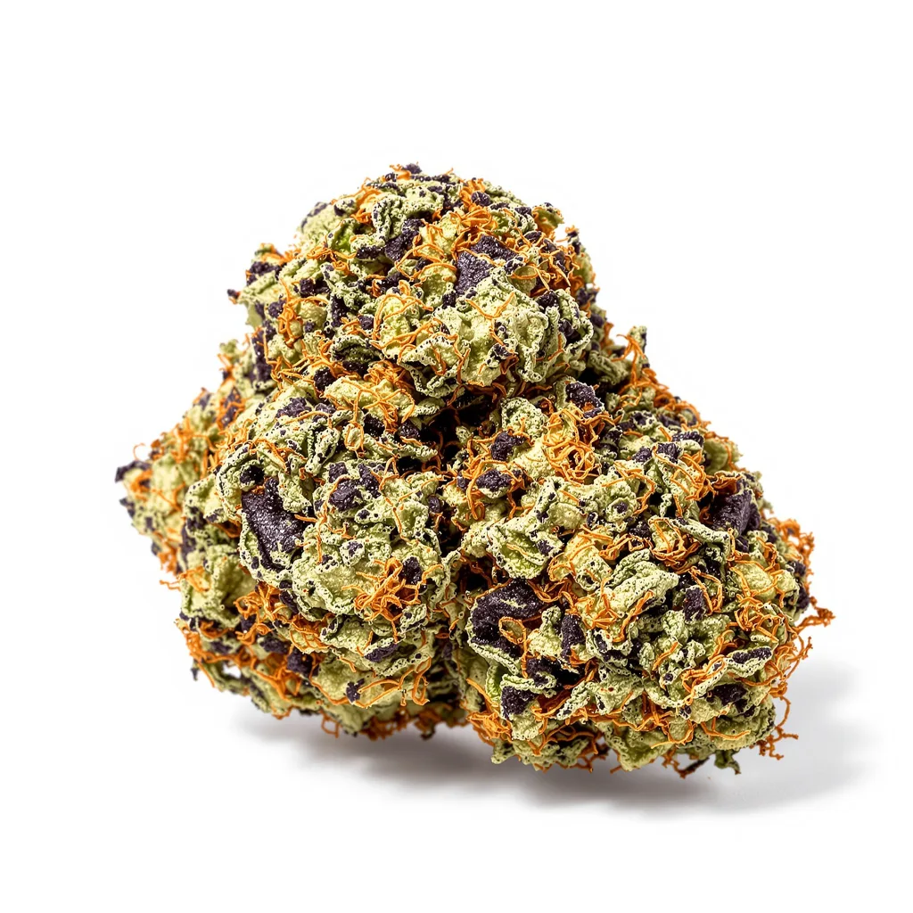 Black Bubba 69% indica / 31% sativa — flor con tricomas visibles