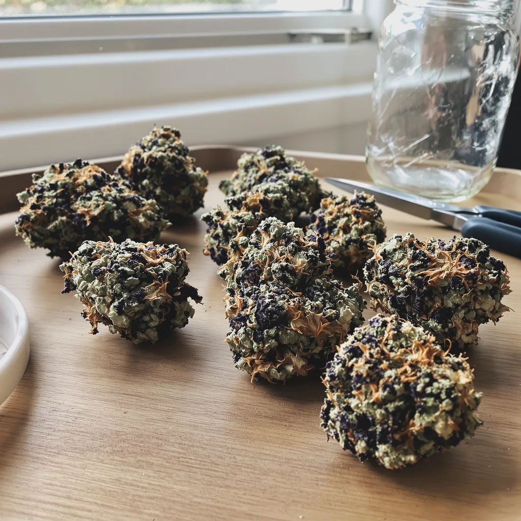 Black Bubba 69% indica / 31% sativa — flor con tricomas visibles