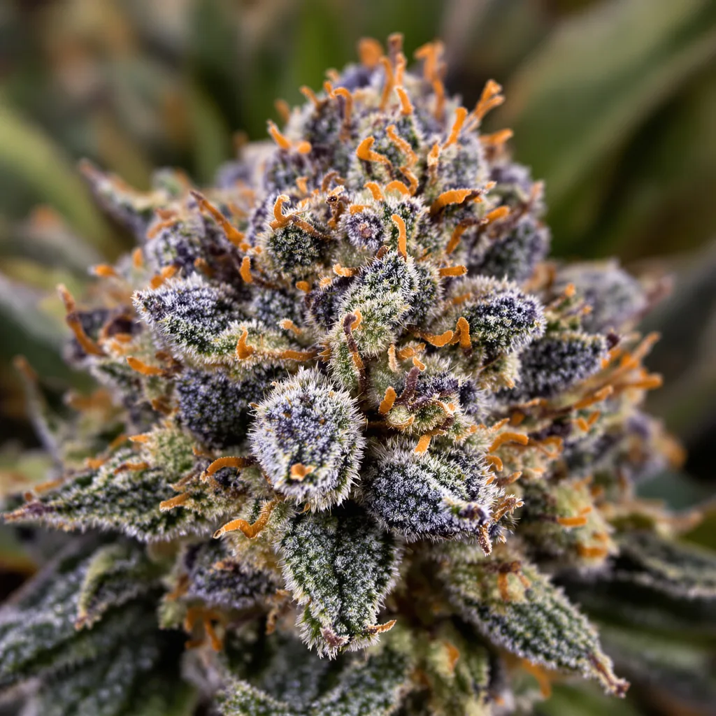 Primer plano de cogollo de cannabis Black Bubba mostrando cálices densos con tonos morados