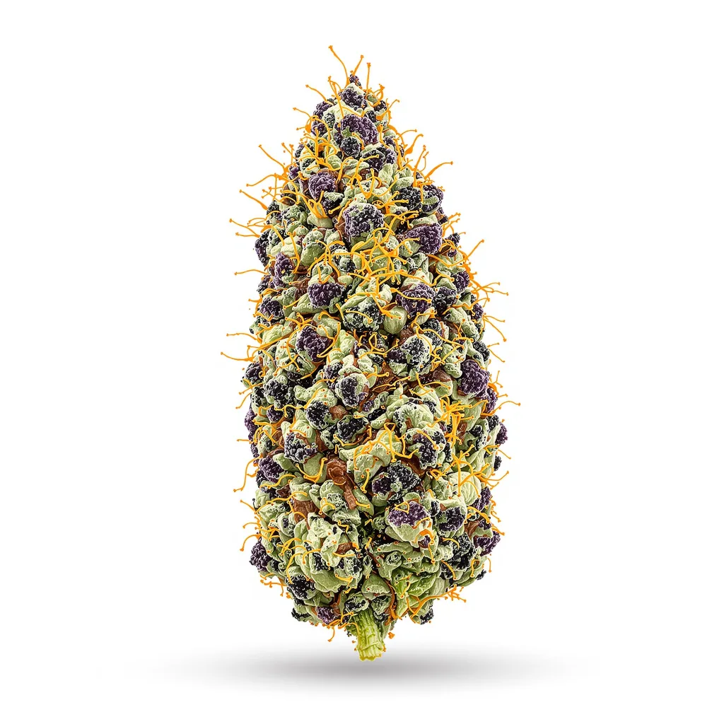 Black Bubba 69% indica / 31% sativa — flor con tricomas visibles