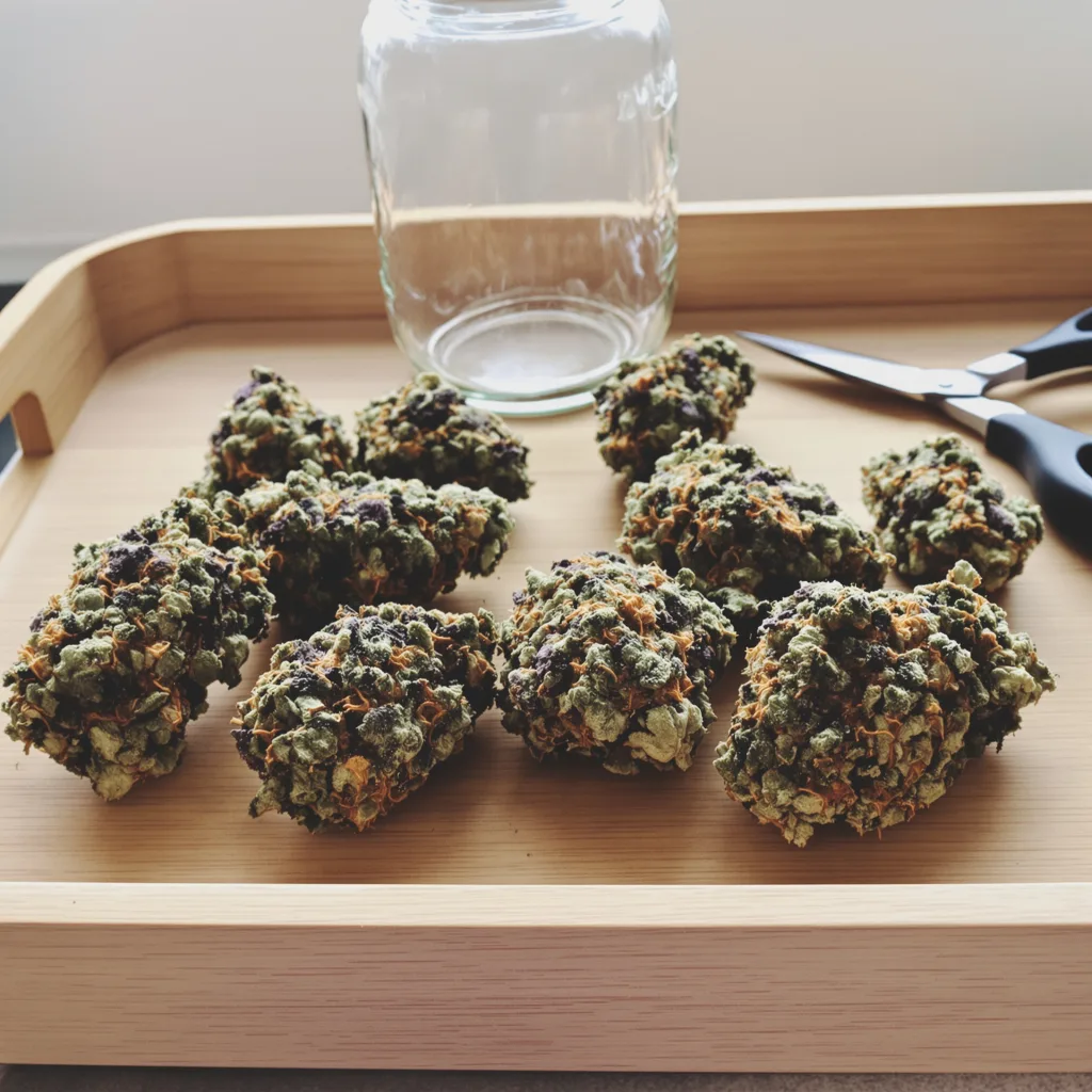 Black Cherry 79% indica / 21% sativa — flor con tricomas visibles