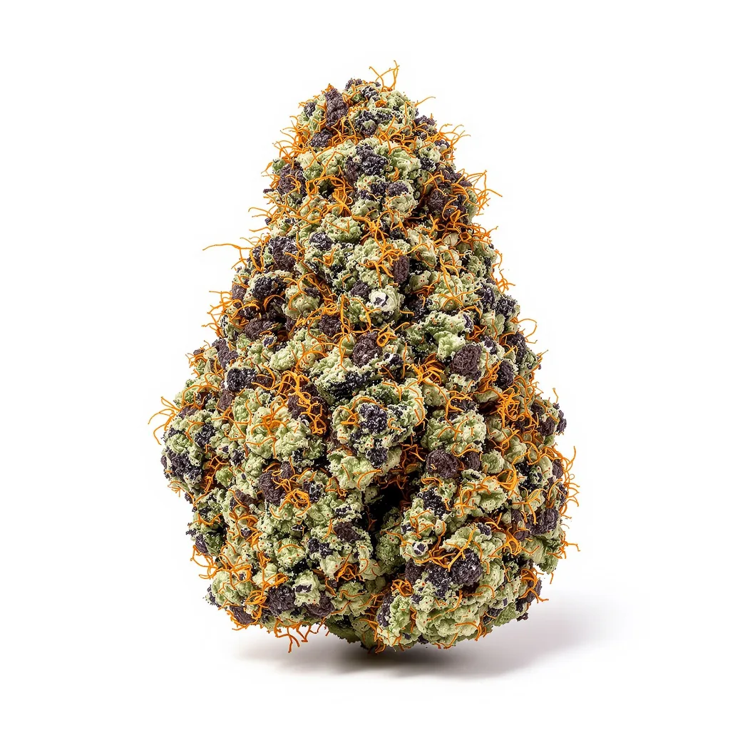 Black Demon OG 72% indica / 28% sativa — flor con tricomas visibles