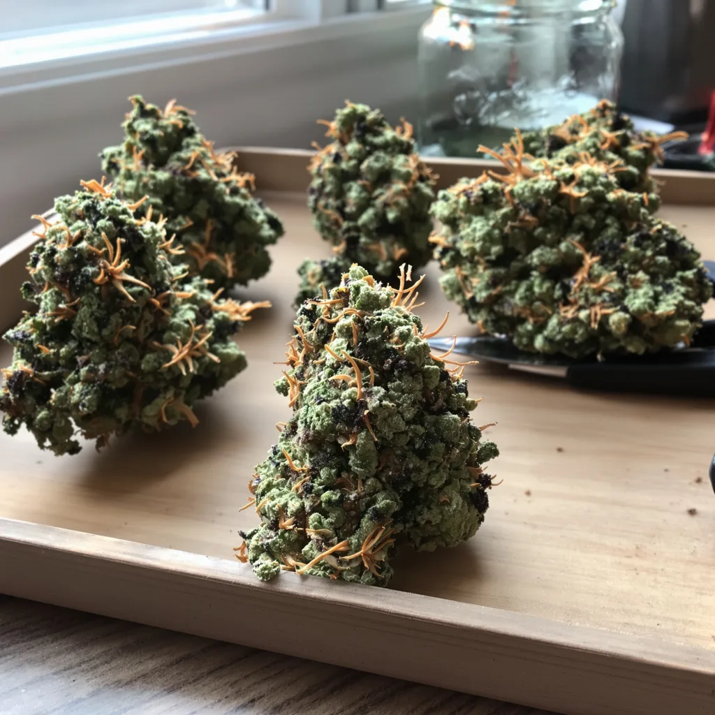 Black Diamond 53% indica / 47% sativa — flor con tricomas visibles