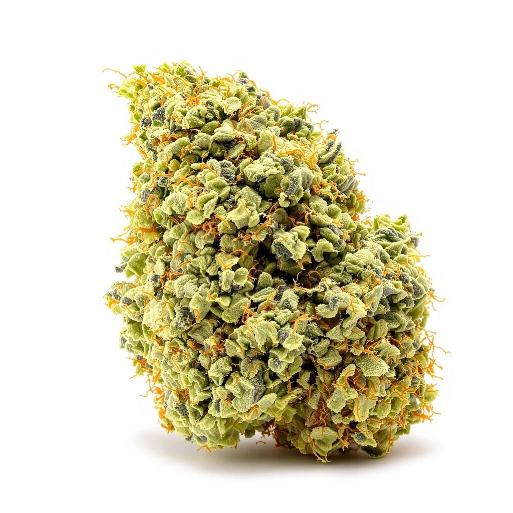 Black Jack 20% indica / 80% sativa — flor con tricomas visibles