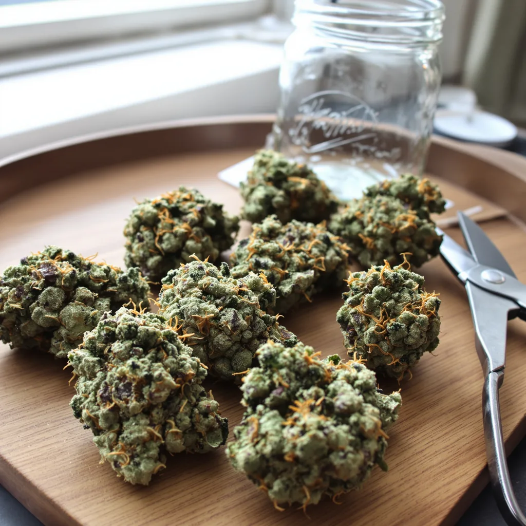 Black Russian 56% indica / 44% sativa — flor con tricomas visibles