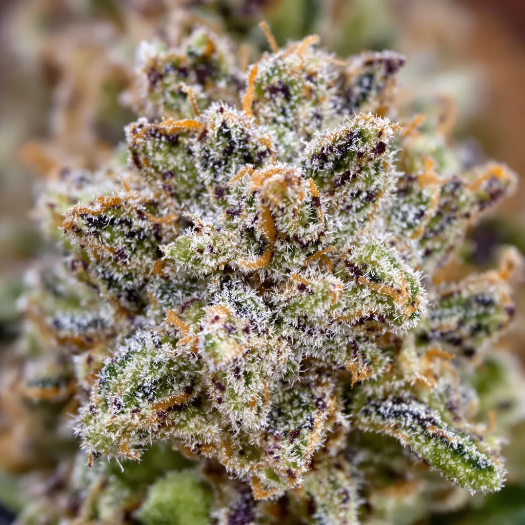 Primer plano de cogollo de cannabis Black Russian mostrando estructura equilibrada con tricomas escarchados