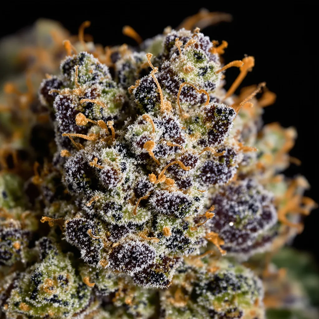 Primer plano de cogollo de cannabis Black Tuna mostrando cálices densos con tonos morados