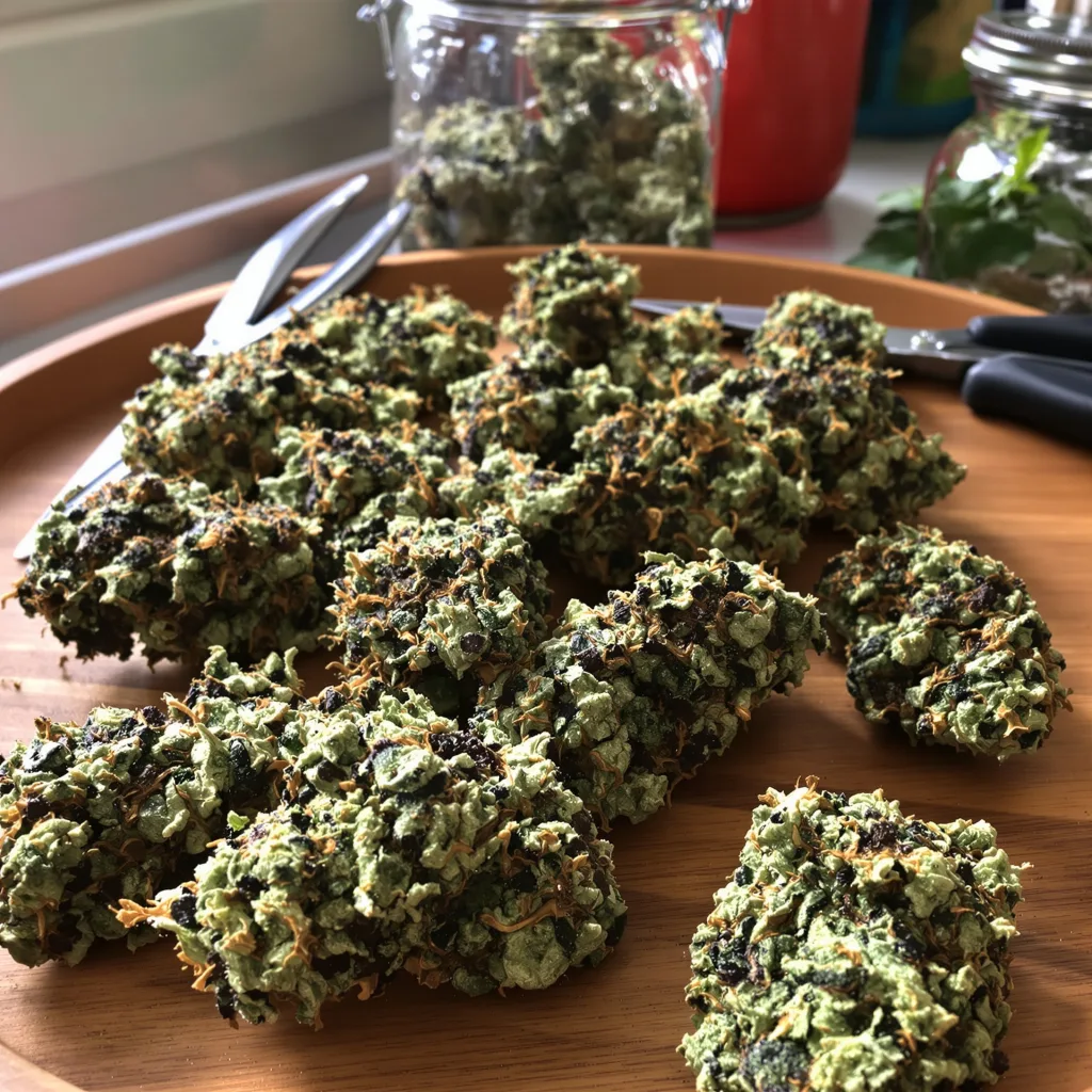 Black Water Purple OG Cheese 66% indica / 34% sativa — flor con tricomas visibles